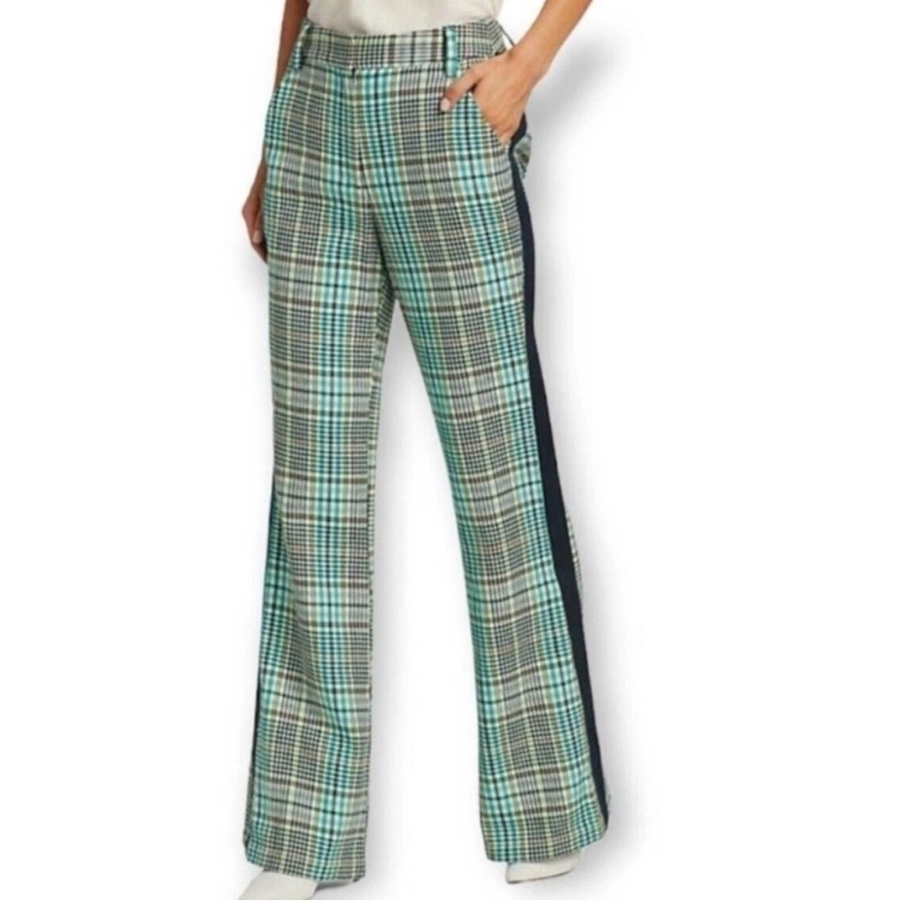 Tanya Taylor Plaid Flare Pants in Green and Blue
